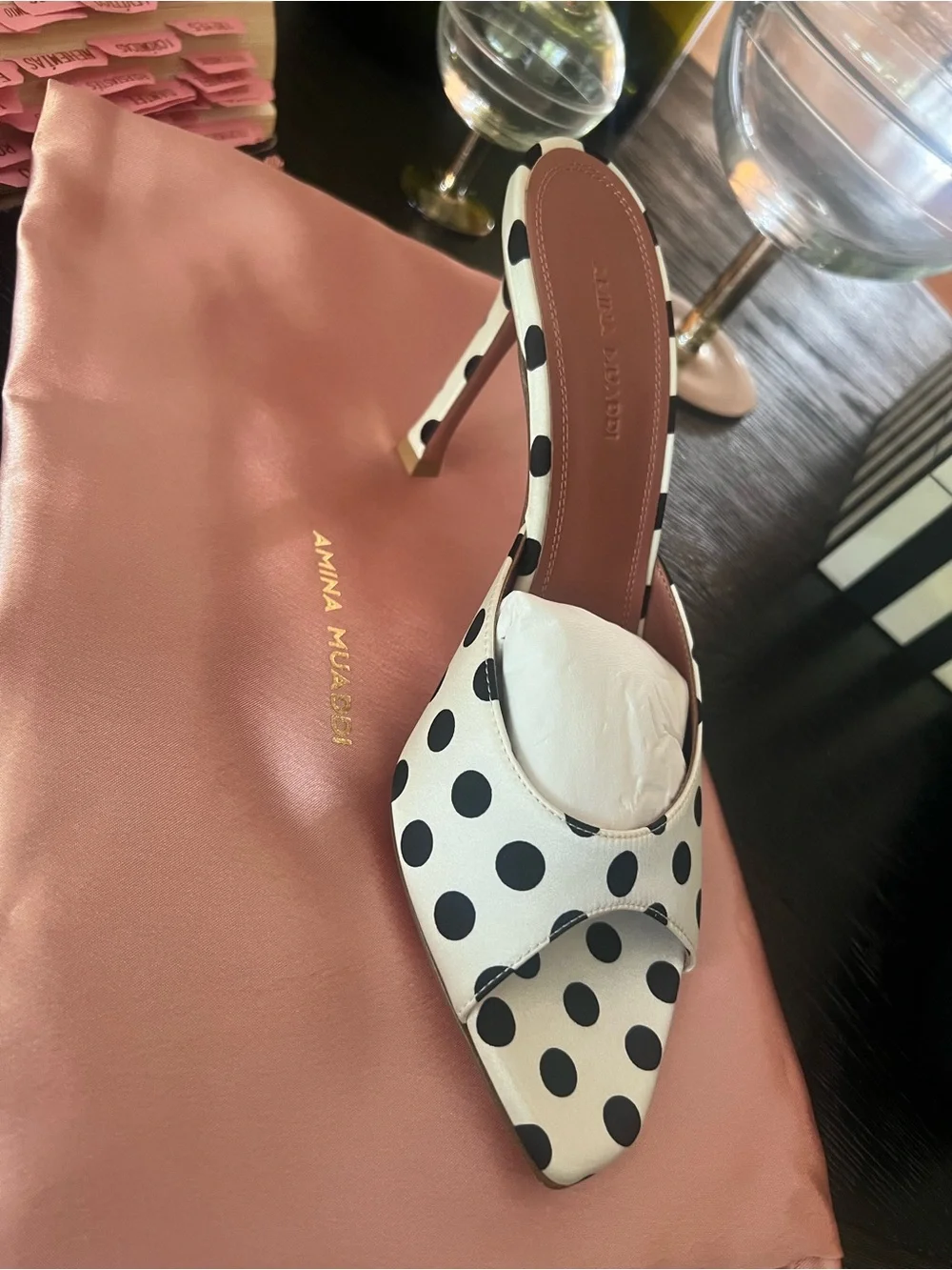 Alexa Slipper 95 Ivory Polka Dot Satin